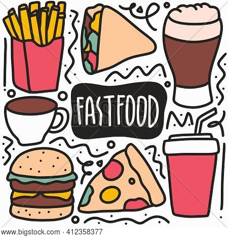 Hand Drawn Doodle Various Fast Food With Icons And Design Elements