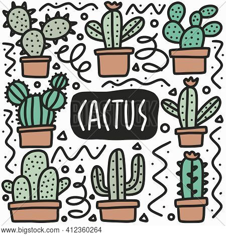 Hand Drawn Cactus Doodle Set With Icons And Design Elements