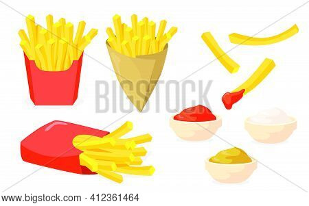 French Fries Set. Potato Sticks In Paper Cones, Ketchup, Mayo, Mustard Sauces Isolated On White. Vec