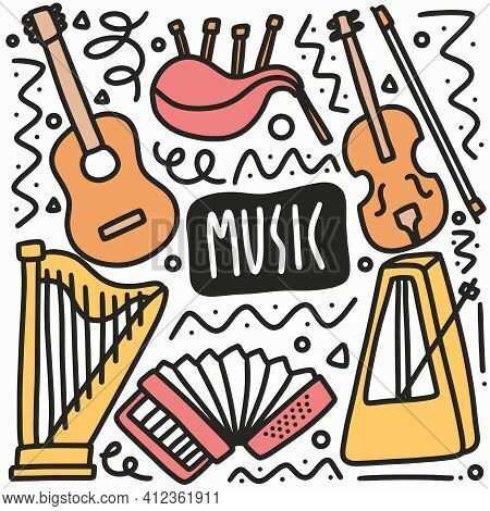 Hand Drawn Music Instrumen Doodle Set With Icons And Design Elements
