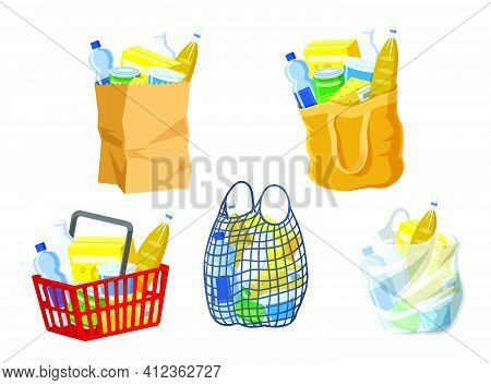 Supermarket Bags Collection. Paper Packages, Shopping Basket, Canvas And String Bag Isolated On Whit