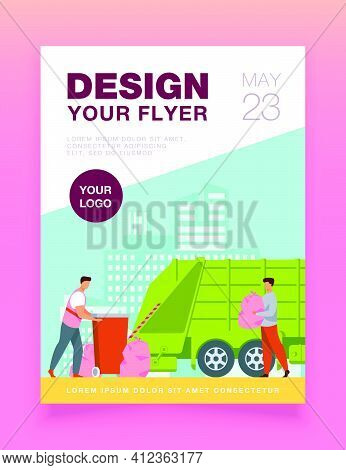 Trash Pickup Worker Cleaning Dustbin At Truck. Man Carrying Trash In Plastic Bag Flat Vector Illustr