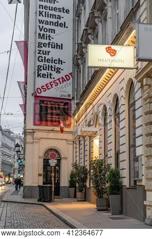 Vienna, Austria - Feb 7, 2020: Facade Of Theater In Der Josefstadt In City Center In Early Morning I