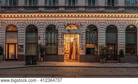 Vienna, Austria - Feb 7, 2020: Entrance Facade Of Theaterhotel In City Center In Early Morning In Wi