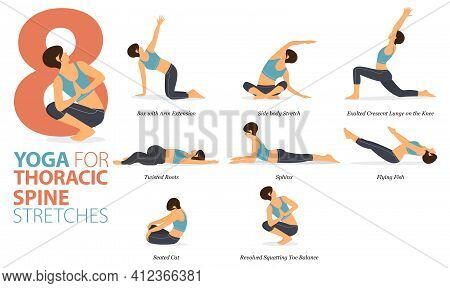 Infographic 8 Yoga Poses For Workout In Concept Of Thoracic Spine Stretch In Flat Design. Women Exer
