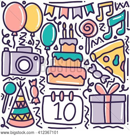 Hand Drawn Birthday Party Doodle Set With Icons And Design Elements