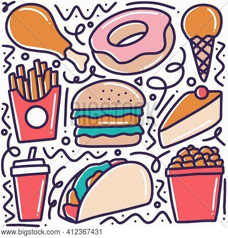 Hand Drawn Fast Food Doodle Set With Icons And Design Elements
