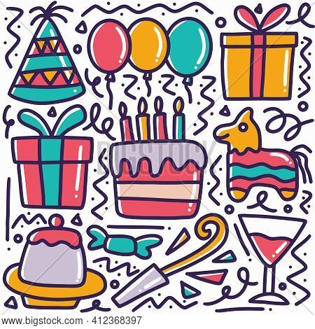 Hand Drawn Birthday Party Doodle Set With Icons And Design Elements