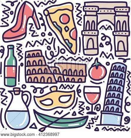 Doodle Set Of Italy Holidays Hand Drawing With Icons And Design Elements