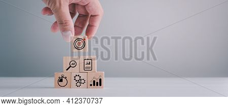 Business Strategy, Action Plan, Goal And Target, Hand Stack Woods Block Step On Table With Icon Abou