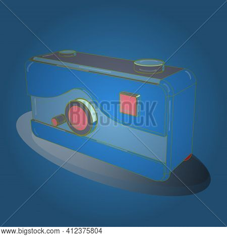 Retro Camera. Axonometry. Raster. Image In Green, Blue And Gray Colors. Presented In 3d Style.