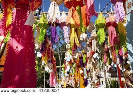 Multicolor Colorful Paper Lamp Traditional Lanna Style Yee Peng Or Lighting Lantern Tung Hang For Pe