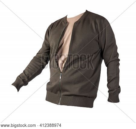 Men's Dark Gren Knitten Bomber Jacket And Beige T-shirt Isolated On A White Background. Fashionable 