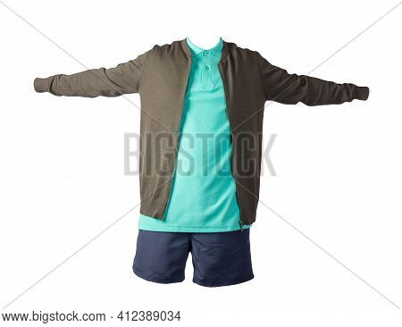 Men's  Dark Green Knitten Bomber Jacket, Green  Shirt And Dark Blue Sports Shorts Isolated On White 