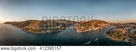Aerial Panorama Drone Shot Of Dubrovnik Bridge At Port Gruz In Lapad Adriatic Sea In Croatia Summer 