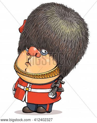 Funny Cartoon Vector. Illustration Of A Cute British Guardsman Wearing A Buckingham Palace Bear Hat.
