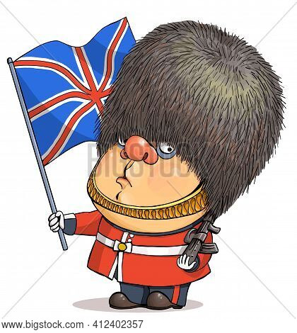 Funny Cartoon Vector. Illustration Of A Cute British Guardsman Wearing A Buckingham Palace Bear Hat 