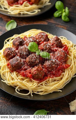 Vegetarian Spaghetti With Meat Free, Vegan Meatballs In Rich Tomato Sauce, Grated Cheese And Basil L