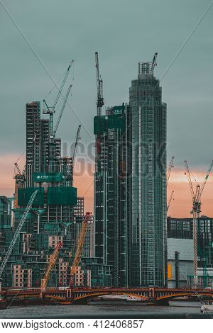 London Uk February 2021 Massive Skyscrapers Beign Built On The West Part Of London, Seen From The Ci
