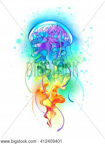Large, Iridescent, Artistically Drawn, Bright Jellyfish, With Long Tentacles On White, Painted Over 