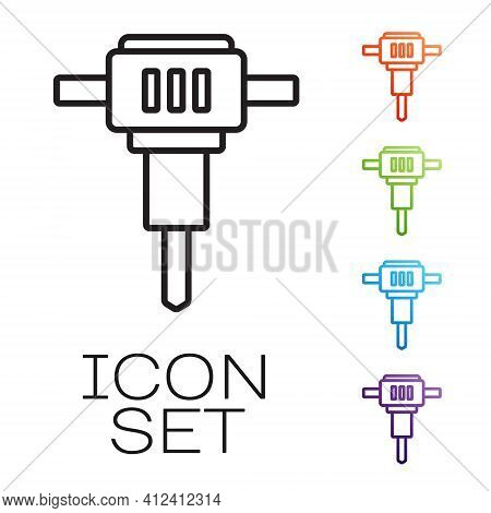 Black Line Construction Jackhammer Icon Isolated On White Background. Set Icons Colorful. Vector