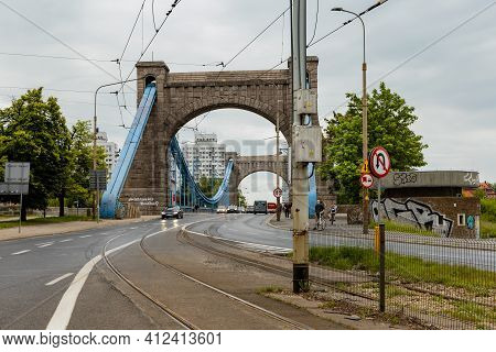 Wroclaw, Poland - May 19 2020: Street View Of Grunwaldzki Bridge At Cloudy Day