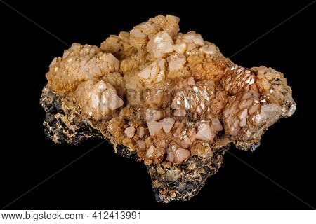Macro Calcite Mineral Stone On Sphalerite Black Background