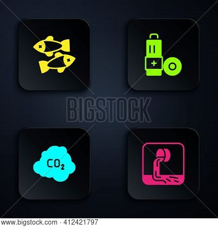 Set Wastewater, Dead Fish, Co2 Emissions In Cloud And Battery. Black Square Button. Vector