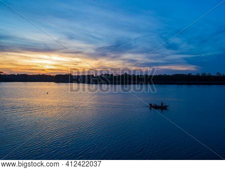 Aerial View Of Big Creek Lake In Semmes, Alabama At Sunset