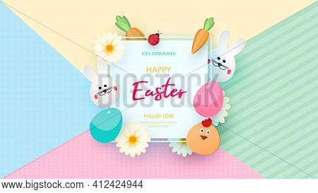 Happy Easter Background Template With Beautiful Camomiles And Eggs. Vector Illustration