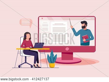 Woman Using Laptop, Online Education. Working From Home, Remote Job.