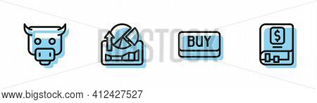 Set Line Buy Button, Bull Market, Stocks Growth Graphs And Financial Book Icon. Vector