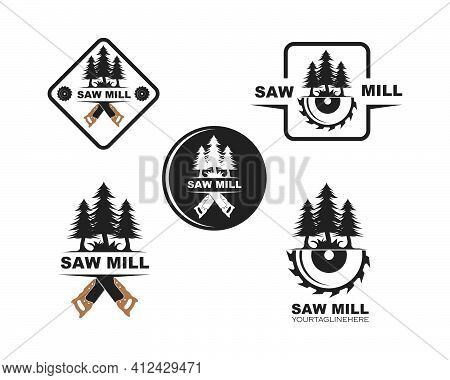 Saw And Pines Tree  Logo Icon Vector Illustration