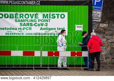 Prague, Czech Republic - March 12, 2021. Sampling Point In Container On The Riverbank Of Moldau With