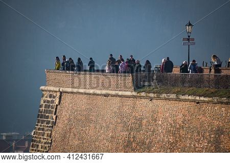 Prague, Czech Republic - February 24, 2021. People On Vysehrad Viewpoint Not Accepting Wearing Mask 
