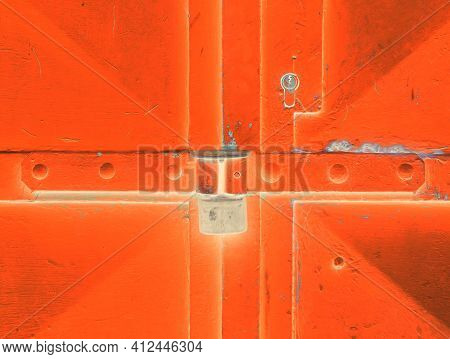 Door Lock System Detail. Blue Industrial Double Door With Rusty Marks. Massive Hardened Latch Lock.