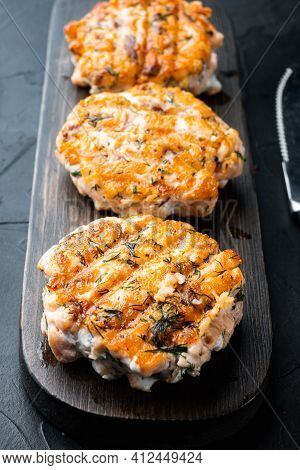 Cooked Fish Patties, With Salmon And Lemongrass, On Black Textured Background