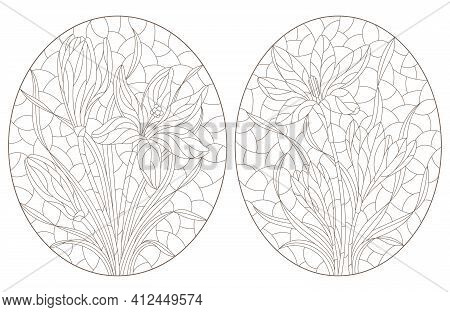 Set Of Contour Illustrations In Stained Glass Style With Hyacinth Flowers, Dark Outlines On A White 