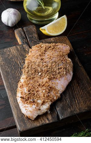 Crispy Garlicky Chicken Raw Ingredient,  On Wooden Table