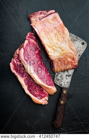 Veiny Steak, Marbled Beef Raw Meat, On Black Background, Top View