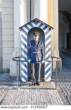 Prague, Czech Republic, March 22, 2019: Sentinel At The Post At The Entrance To Prague Castle, Czech