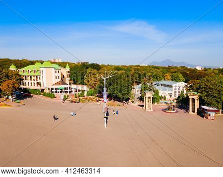 Theatre Or Teatralnaya Square Aerial Panoramic View Near Kurortny Park In Yessentuki, A Spa City In 