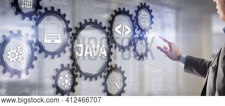 Business Man Pushing On A Touch Screen Interface Java Programming Concept. Virtual Machine