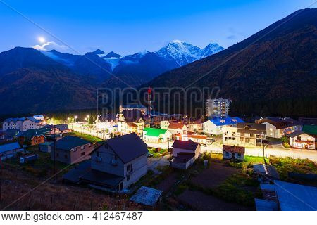 Terskol Aerial Panoramic View. Terskol Is A Village Located At The Foot Of Mount Elbrus, The Highest
