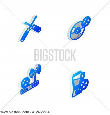 Set Isometric Line Cd Or Dvd Disk Service, Crossed Screwdrivers, Router Wi-fi And Blender Icon. Vect