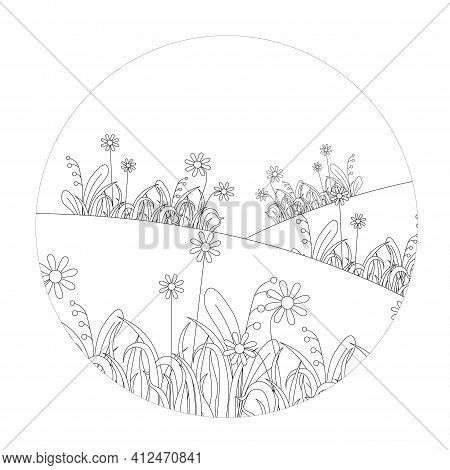 Hill With Grass Round Monochrome Banner. Flower Leaves Art Nature Design Element Stock Vector Illust