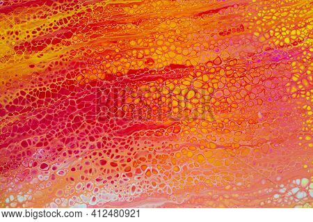 Colorful Abstract Acrylic Painting In Red, Yellow And White. Free Flowing Cells. Pouring.