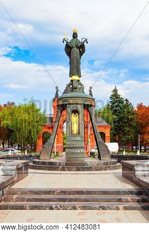 Krasnodar, Russia - October 01, 2020: Monument To The Holy Great Martyr Saint Catherine And Fountain