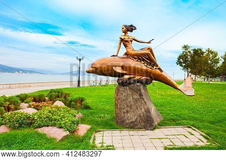 Novorossiysk, Russia - October 02, 2020: Girl On A Dolphin Sculpture In Novorossiysk City. Novorossi