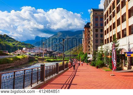 Rosa Khutor, Russia - October 06, 2020: Mzymta River Embankment In Roza Khutor, An Alpine Ski Resort